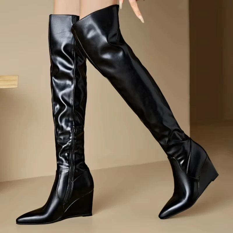SGESVIER Sexy Over the Knee High Boots Women Heel Pointed Toe Thigh High Long Modern Boots Lady Shoes Black White Wedge Footwear image 6