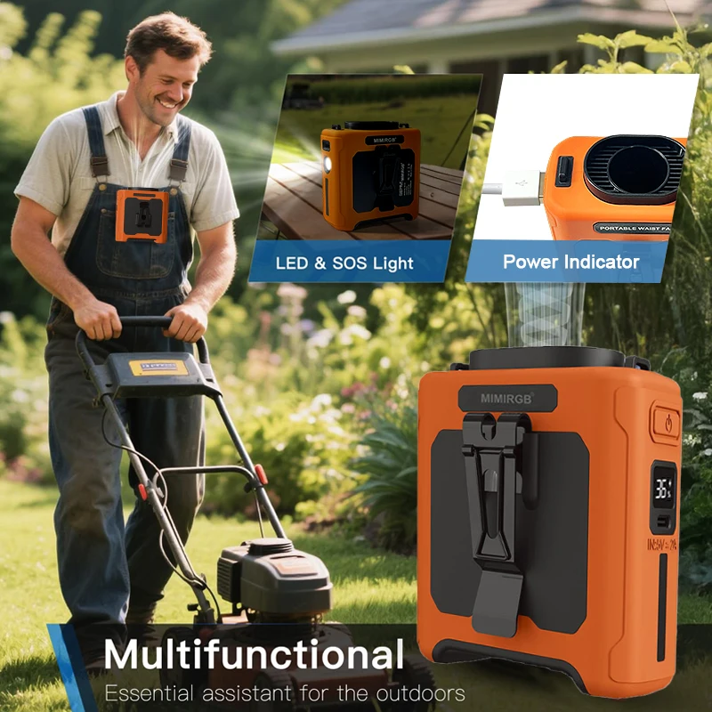 

10000mAh Portable Waist Fan with LED Lighting Power Bank for Jobsite Travel Outdoor Use Sports