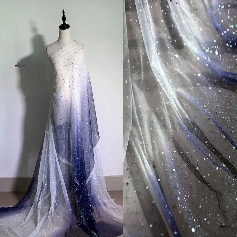 Sequin Soft Mesh Fabric Blue Gradient Handmade DIY Background Cloth Photographed Headdress Clothing Sewing Material By The Meter
