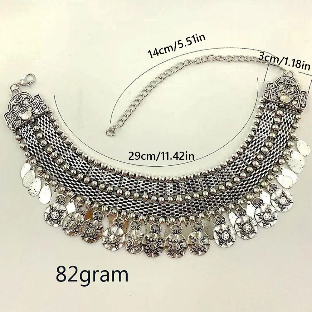 Silver Color Vintage Necklaces Geometric Shape Alloy Chunky Necklaces Coin Pendant Tassel Design Turkish Necklaces Boho Style view 6