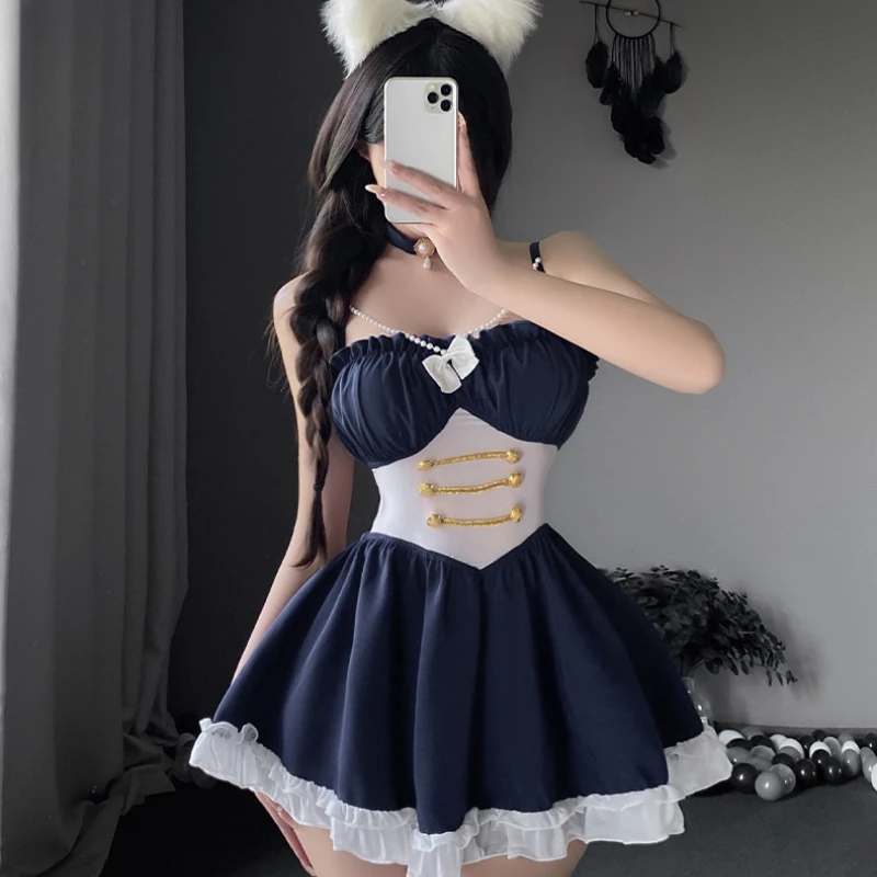 Сексуальное женское белье в стиле пэчворк, плиссированное платье на подтяжках, пышная юбка принцессы, эротический студенческий наряд горничной для ролевых игр, жемчужные костюмы, синий, новый