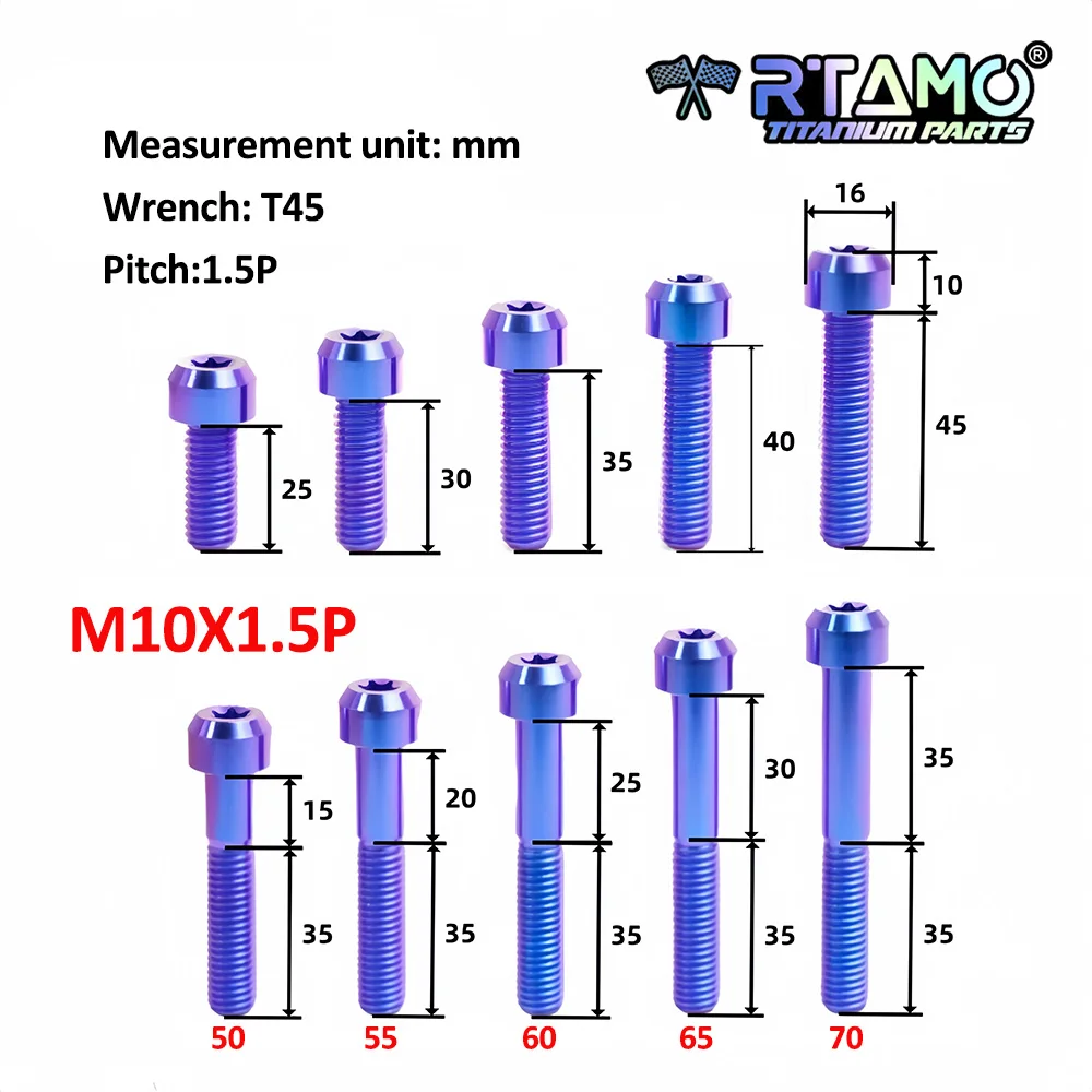 RTAMO Gr5 Titanium Bolt M10X10/15/20/25/30/35/40/45/50/55/60/65/70mm 1.25/1.5Pitch 64Ti High Strength for Motorcycle Modified
