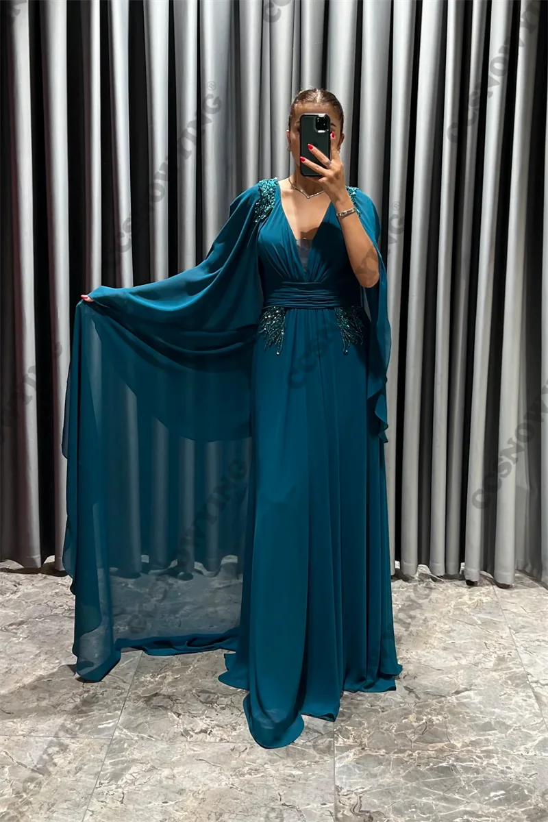 Robe de Soirée en Mousseline de Soie pour Femme, Tenue à Manches sulf, Col en V, Style Arabe, Cafatn, 123