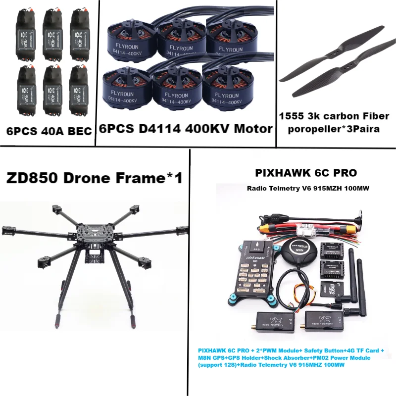 ZD850 6C PRO M8N M9N M10 Full Carbon Fiber 850mm Hexa-Rotor Frame BLHELI 40A ESC Flight Comtrol Rado Telemetry Set