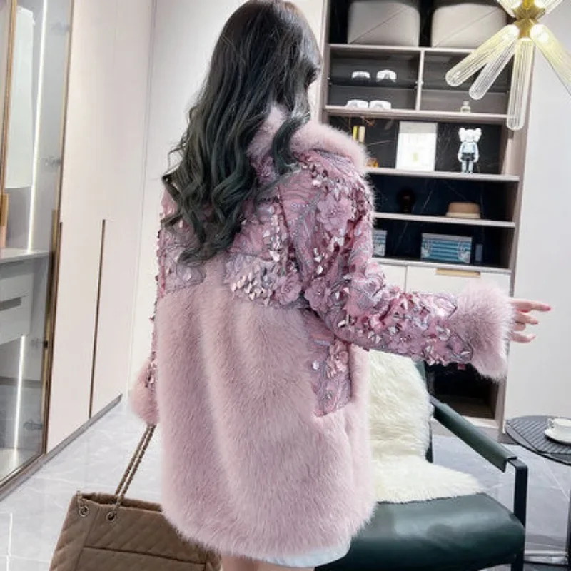 Mid Length Faux Fur Coat for Women, Loose Outwear, V-neck, Sense of Design Jacket, Thick Warm Casual Top, Winter Fashion, New