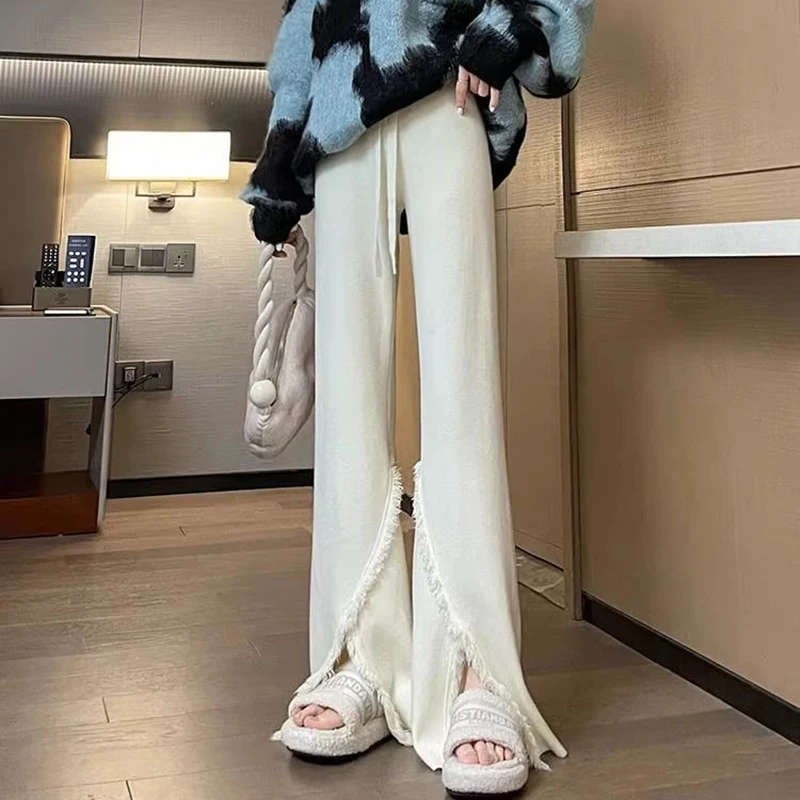 Thick knit pants women autumn and winter soft glutinous rice pants tassel slit high waist slimming tapered flared pants
