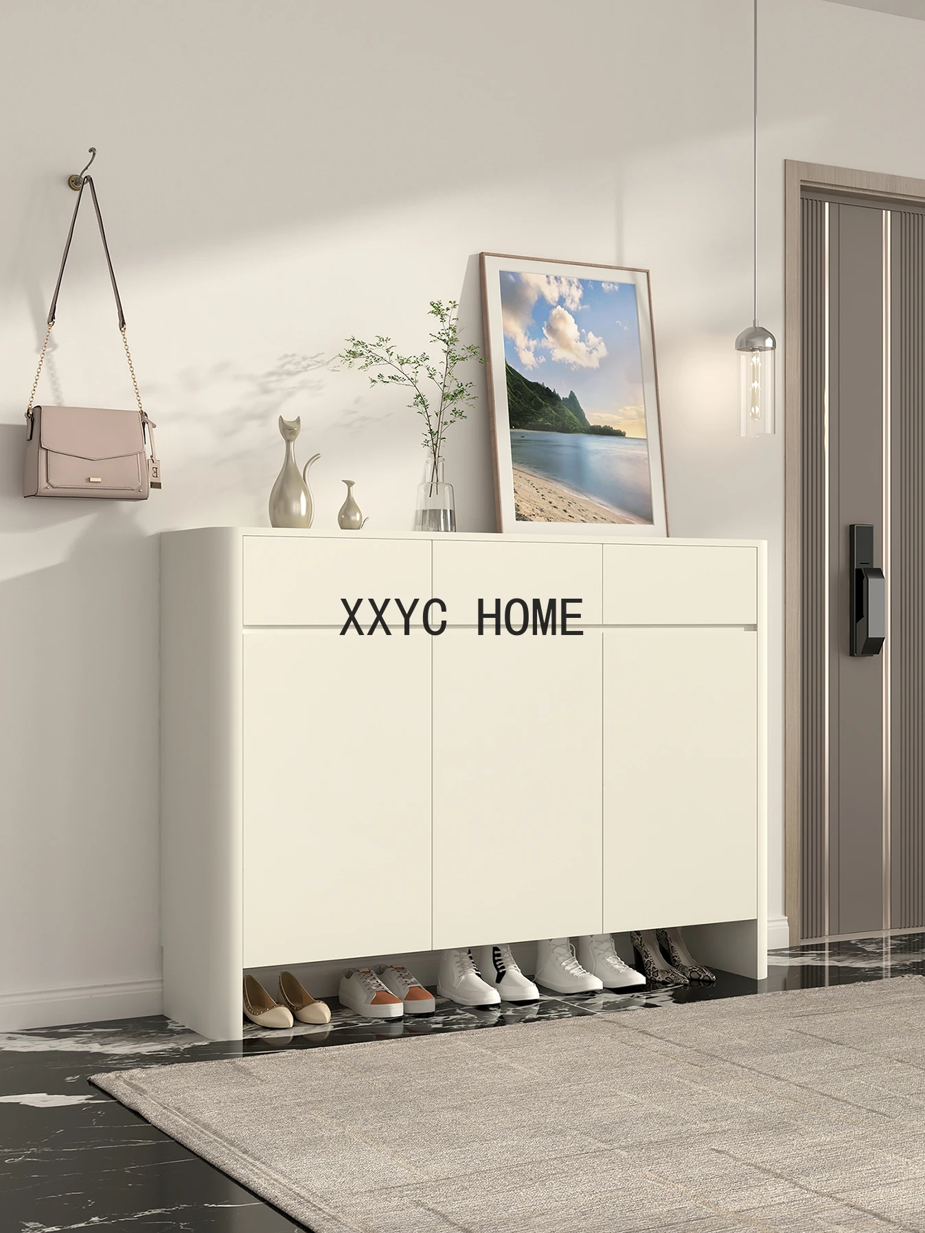 Cream Style Ultra-Thin Tilting Shoe Cabinet Household Large Capacity Entry Door Entrance  Integrated Simple Storage Shoe Rack