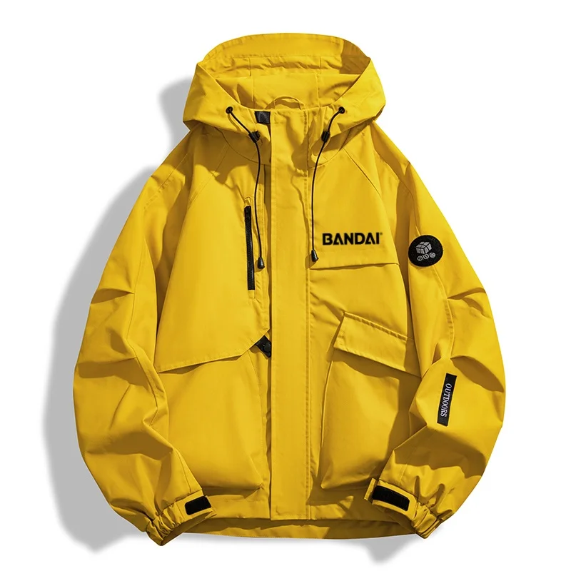 Trendy Brand BANDAI Printed Men's Hoodie Jacket, Streetwear Functional Style Multi-Pocket Outdoor Windproof Workwear Jacket