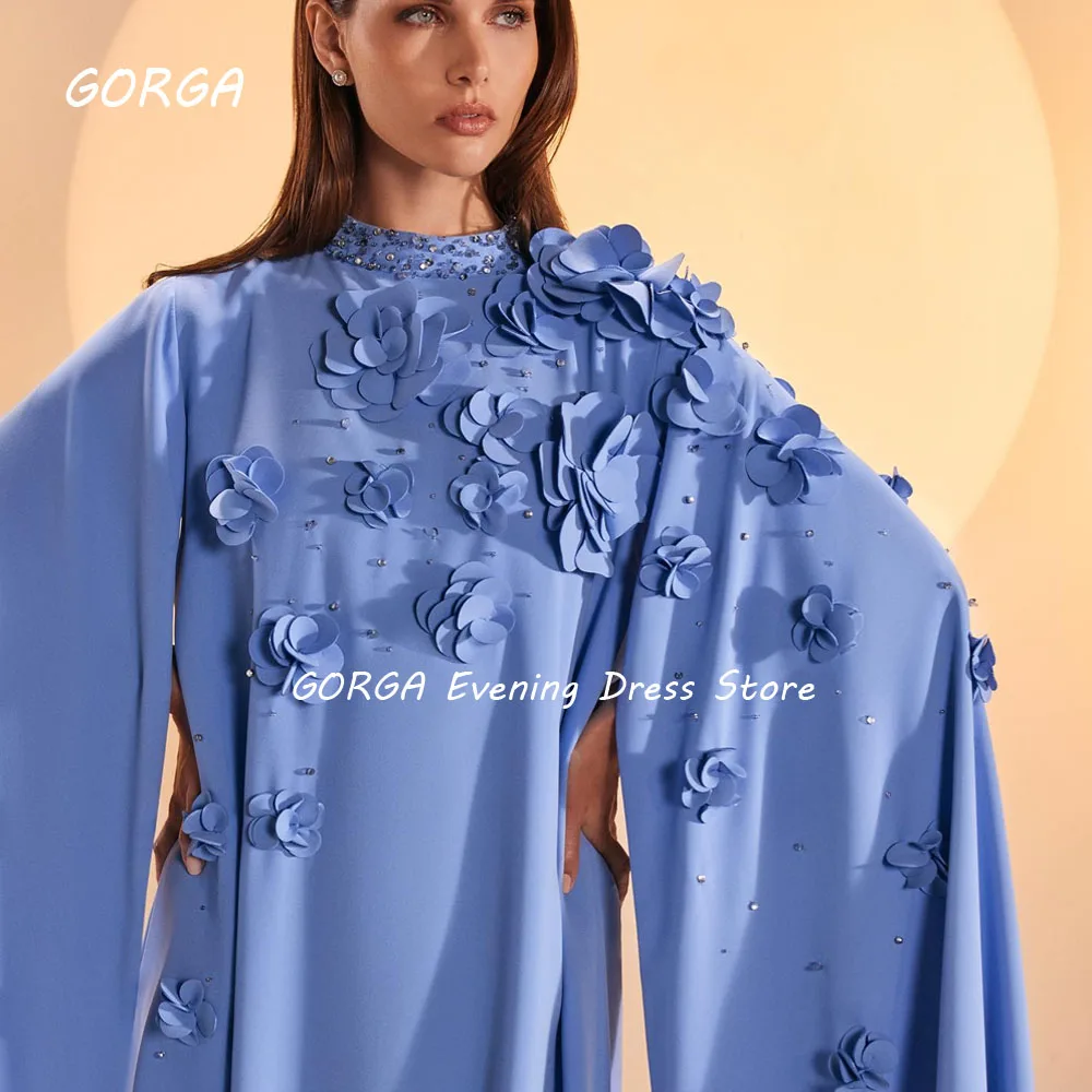 GORGA Simple Blue O-Neck Appliques Crepe A-LINE Prom dress 2024 Slim Long Sleeve Floor-Length Formal Evening Dress