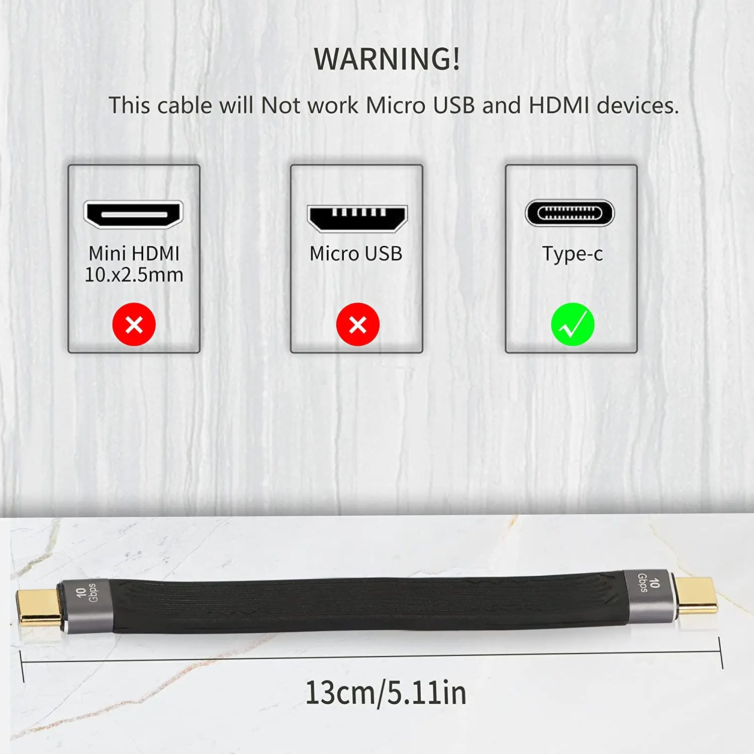 10Gbps Short USB Type C to USB C Cable 5inch 60W 3A Fast Charging Cable USB C 3.1 Gen 2 FPC Cable for Power Bank Phone Tablet