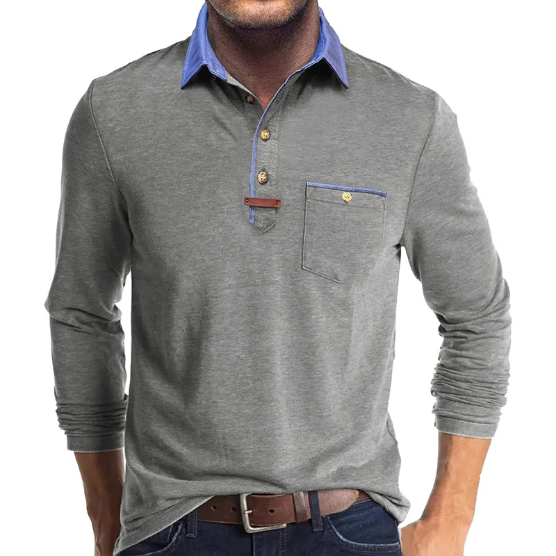 Langarm-Poloshirt für Herren, lässig, schmale Passform, Henley-Kragen, T-Shirt mit Tasche, Smart Blend Tops – Detail 10