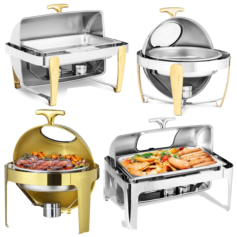 Cheap Kitchen Equipment Stainless Steel Hot Pot Roll Top Gold Chafing Dish Buffet Set 4 x 1-1 chafers