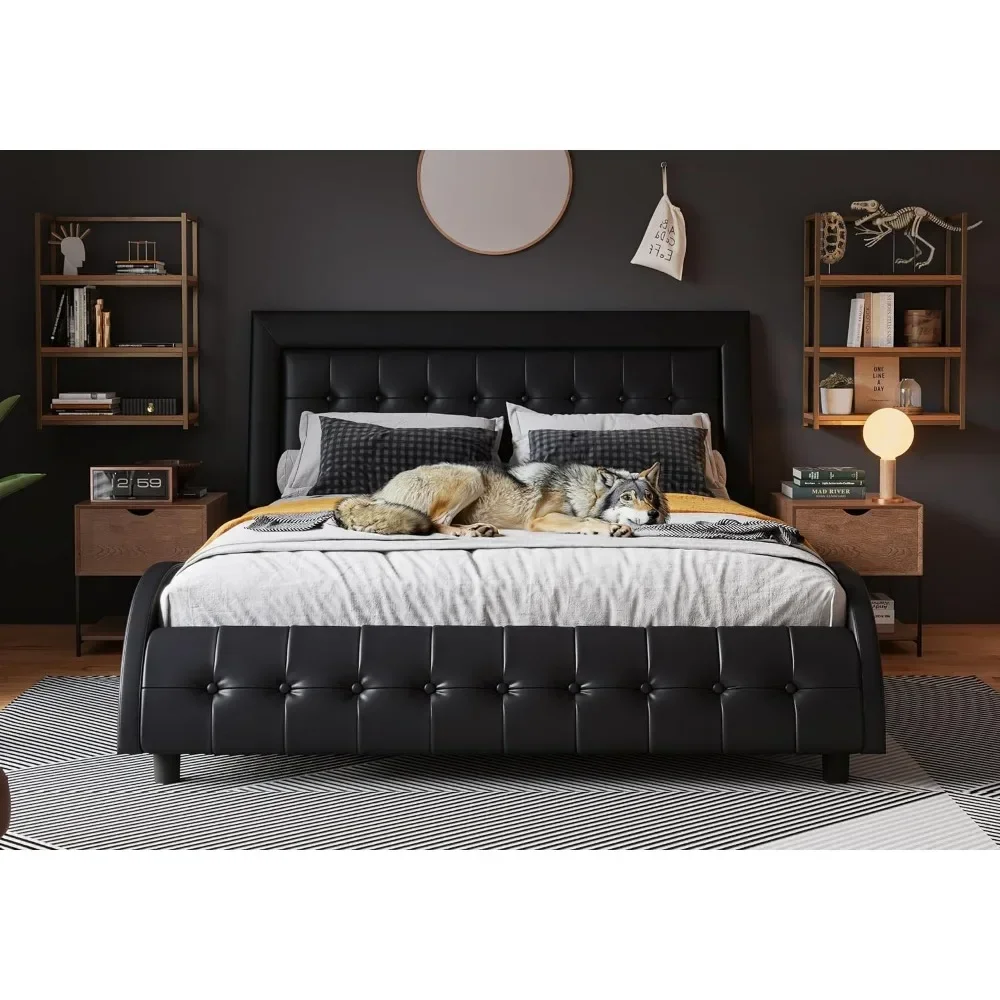 Bed Frame, Full-size Box Tufted, Faux Leather Upholstered Bed, Black with Adjustable Headboard, Wooden Slatted Support