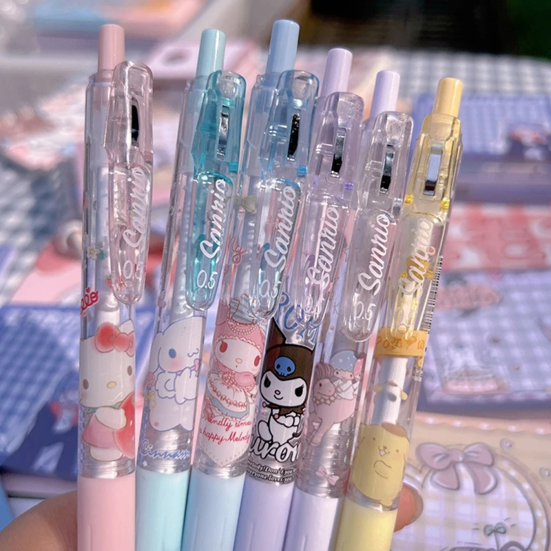 

6pcs Sanrio Kulomi Hellokitty Kawaii Cartoon Push Gender-neutral Pen Creative Stationery Office Supplies Children Love Gifts