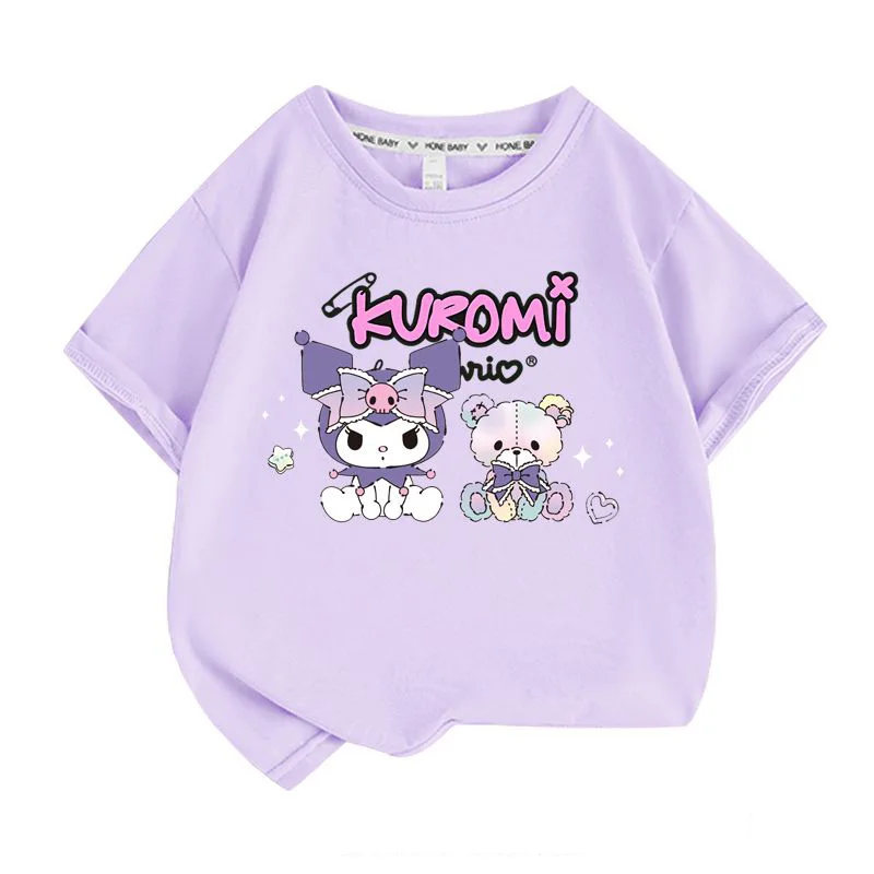 

Kawaii летняя детская футболка с аниме медведем Kuromi с коротким рукавом Sanrios симпатичная мультяшная новая хлопковая Футболка повседневные тонкие Топы подарок на день рождения