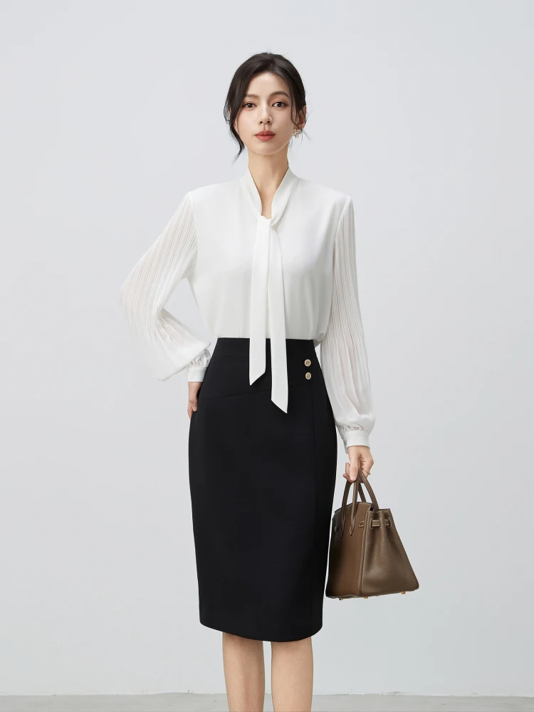 

Ele Summer New Sle Commuting irt with Sa Lantern Sve V-Ne Accordion Pleat White Color for Women