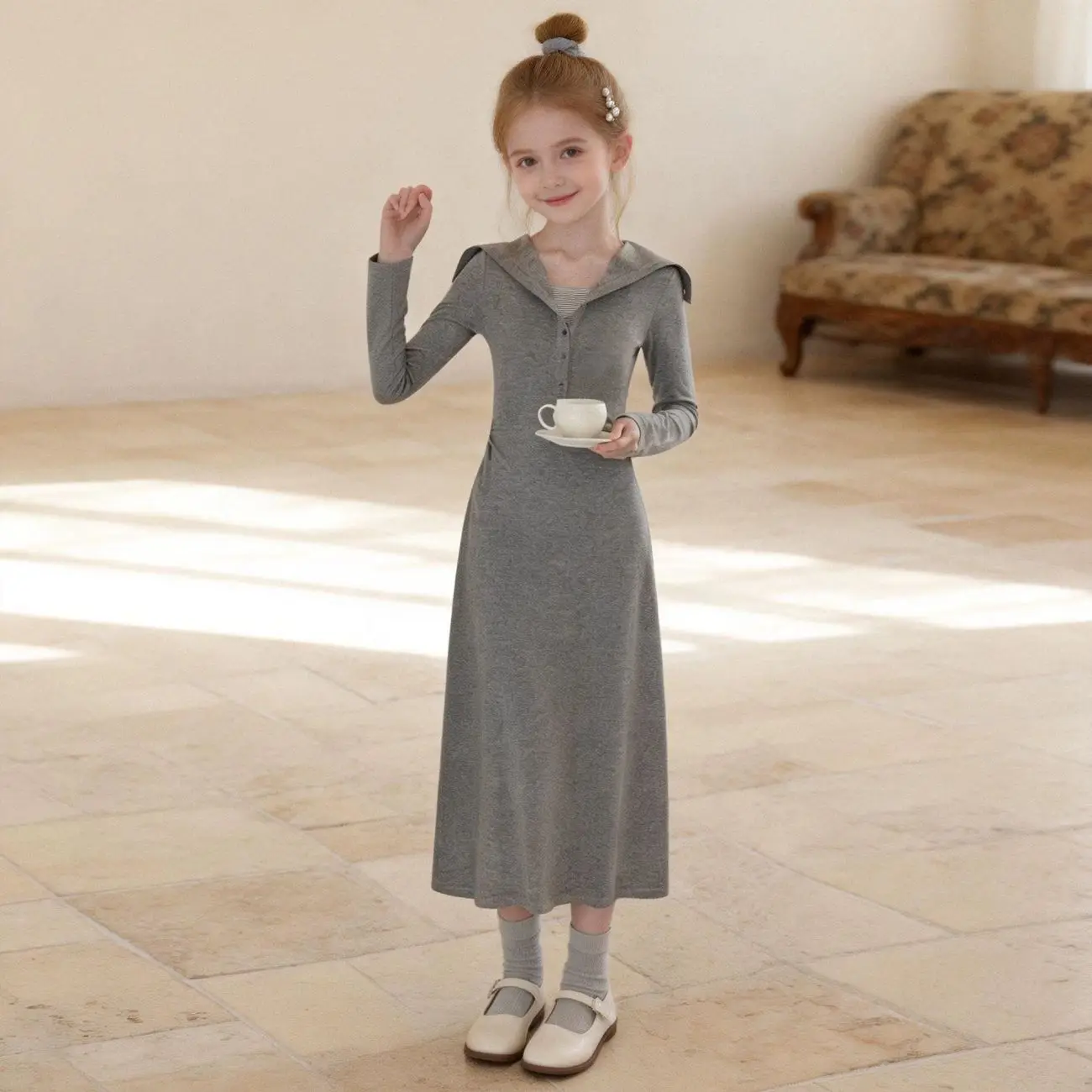 

Girls' Dress Spring and Autumn New Children's Navy Collar Knitted Long Dress Children's Fashionable Clothing