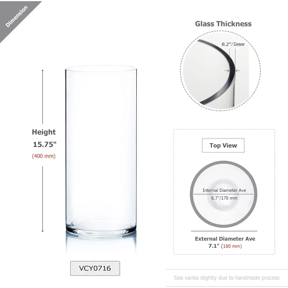Clear Large Diameter Glass Cylinder Vase, Bulk Floral Container, Wide Planter Terrarium for Home Decor and Garden Use