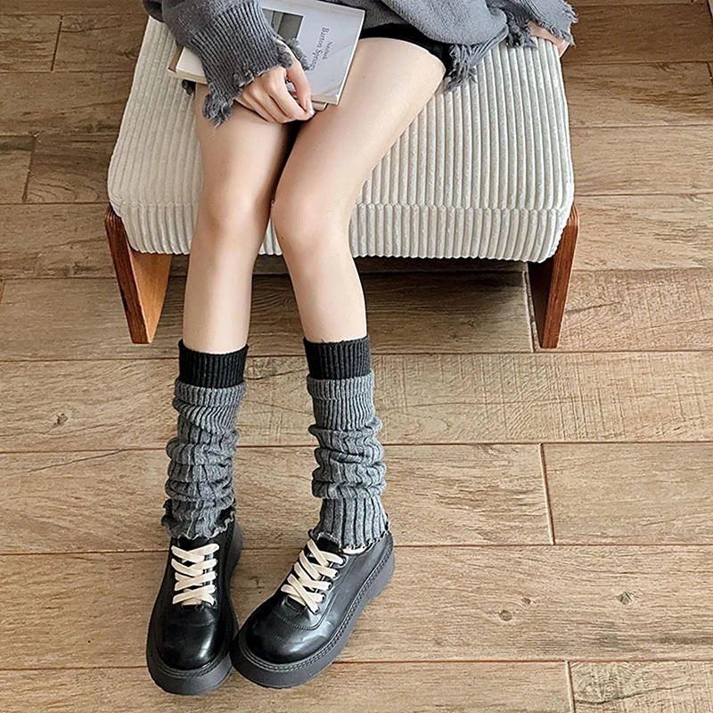 Women Punk Style PU Rivet Knitted Lolita Socks Winter Leg Warmers Breathable Mid-calf Socks