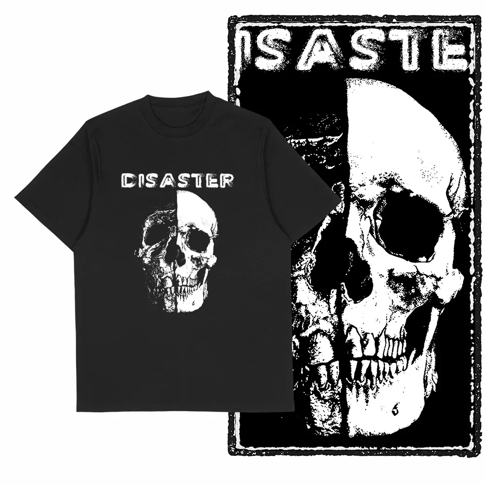 2026 Black Disaster Split Skull Match Graphic T-shirt Grunge Print Soft Cotton Short Sleeve Unisex Casual Daily Tee