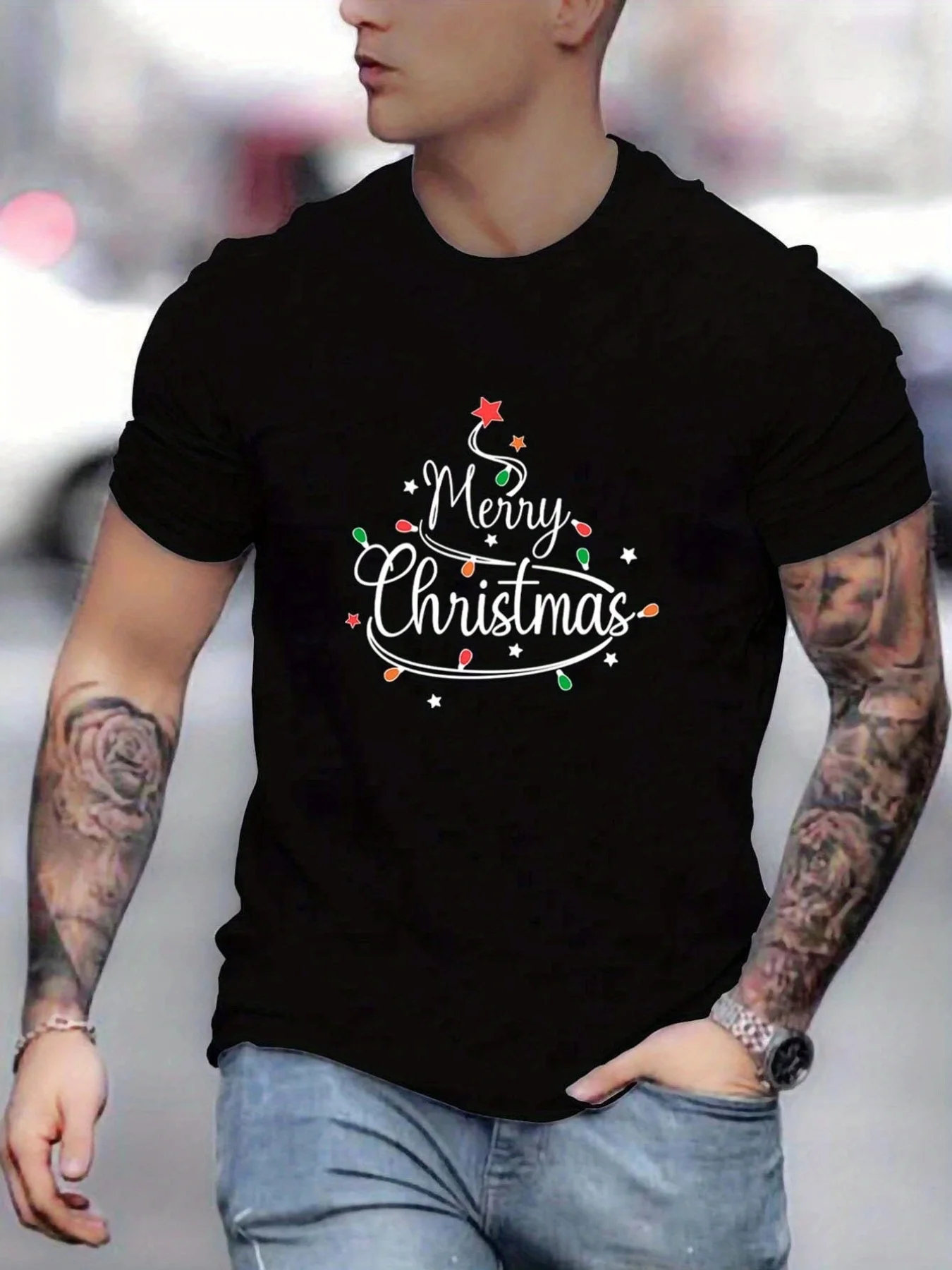 

Merry Christmas Print Men's T-shirt For Summer Outdoor, Men's Trendy Crew Neck Tops