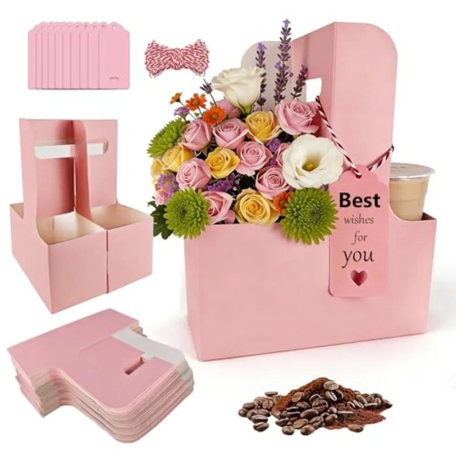 

100 Pack Pink 2 Cup Drink Carrier with Handle, Disposable Cardboard Coffee Cup Holder for Hot or Cold Drinks, Coffee Carrier wi