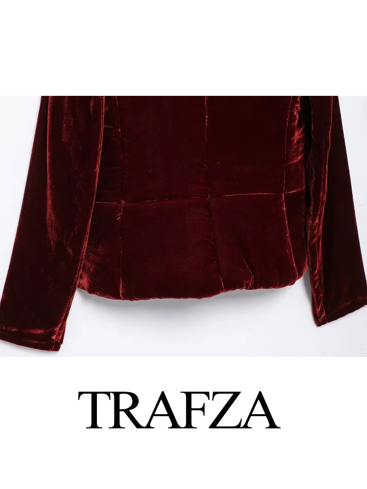 TRAFZA 여성용 빈티지 벨벳 재킷, 단색 긴팔 커버 단추, 겨울 퀼트 브이넥 어깨 패드 코트, 상의 