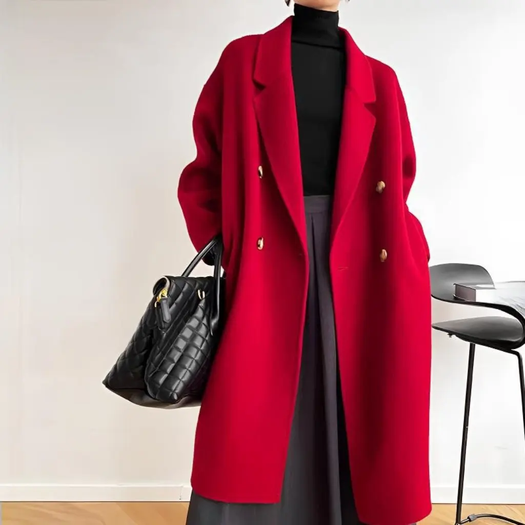 

Корейский стиль, высокая версия, рождественская красная шерстяная верхняя одежда, мягкое восковое двустороннее тонкое шерстяное пальто в ленивом стиле для женщин
