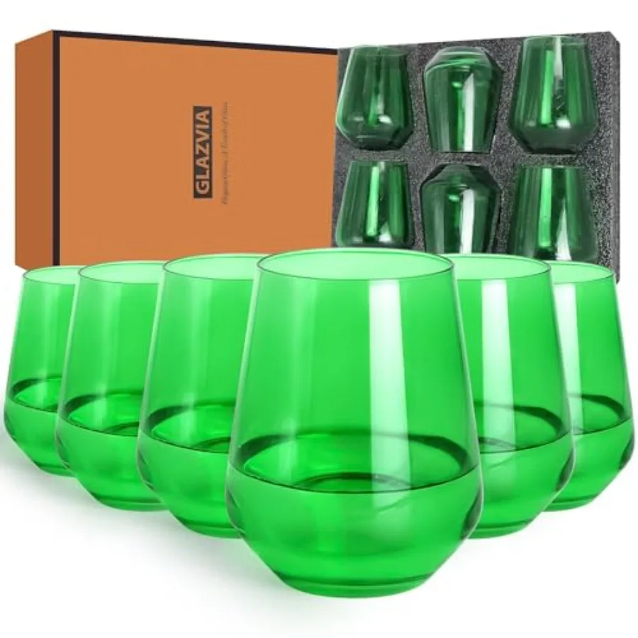 

Steml Wine Glasses Set of 6, 15oz Drinking Glassware Dishwasher Safe, Wine Glass Tumblers for Red or White, Gift for Party, Hol