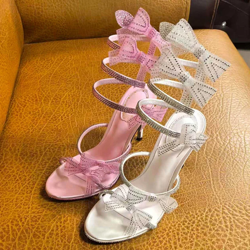 Women's Open Toe Satin Rhinestone Multi Bow Decor Wrap Around Leg Straps Thin Stiletto Heel Sandals Sexy Bridal Party Footwear