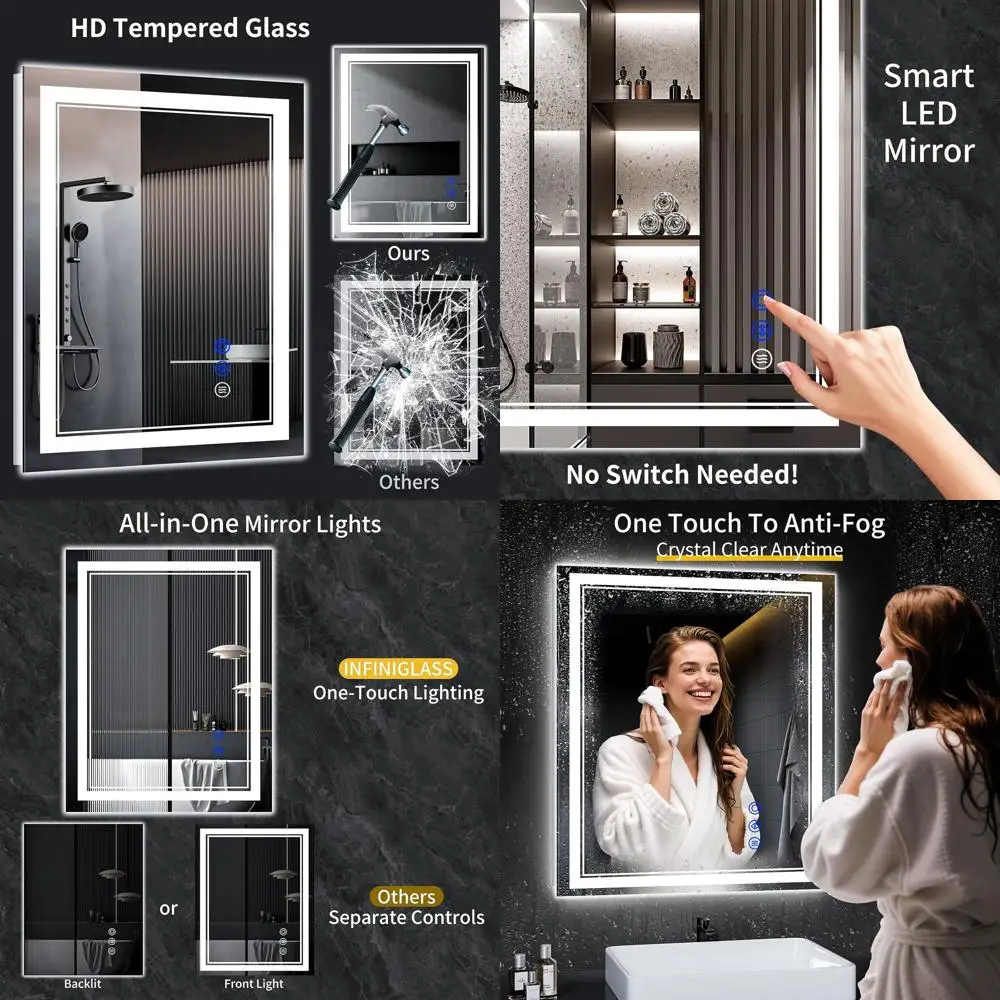 Miroir de salle de bain LED antibuée, 32x28, verre trempé incassable, gradation continue, 3 modes de couleur, étanche et fonction mémoire