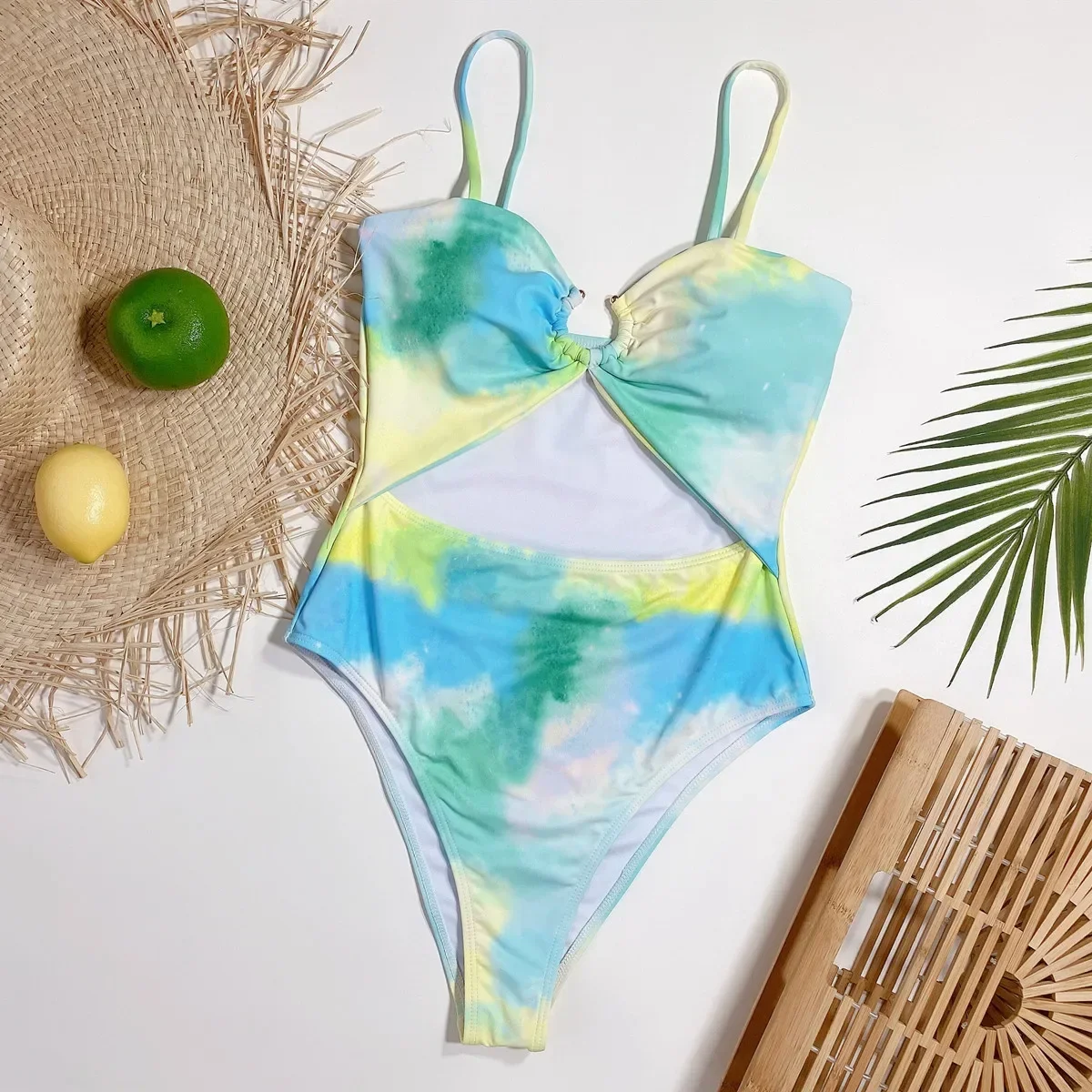 Sexy Green Tie Dye Print Swimsuits Woman One Piece Swimwear 2025 Hollow Out Monokini Metal Ring Linked High Cut Bathing Suit