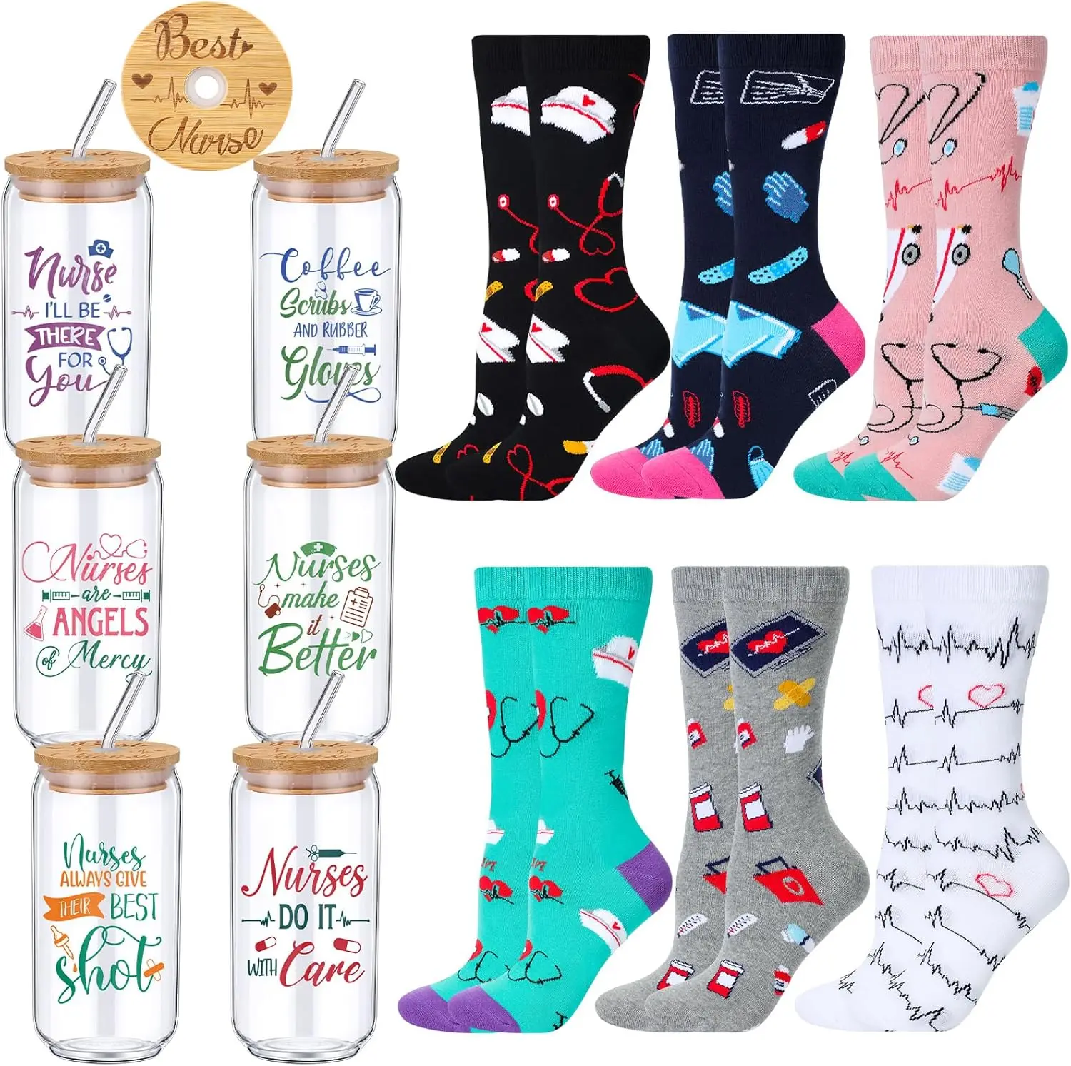 

Набор из 12 подарков для медсестер: стеклянные стаканы с крышками, трубочки и забавные носки для выражения благодарности, на выпускной, на Рождество