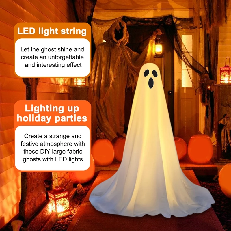 TKOH-Decorazioni di Halloween per esterni -Fai da te 2 pezzi Grandi fantasmi di stoffa bianca illuminati - Fantasmi carini con 20 luci a stringa a LED illuminate