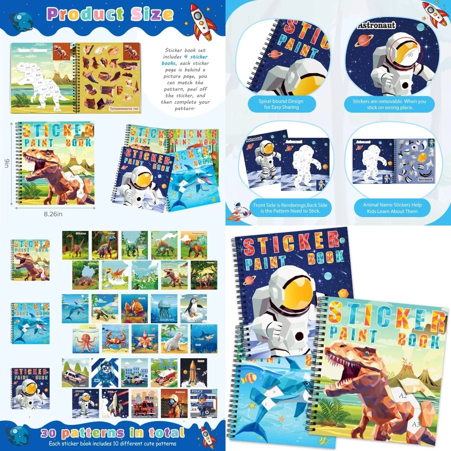 3 uds pegatinas libros de pintura para edades de 4 a 10 años dinosaurio astronauta océano animales diseños pintura por pegatinas pegatina por números creativo P