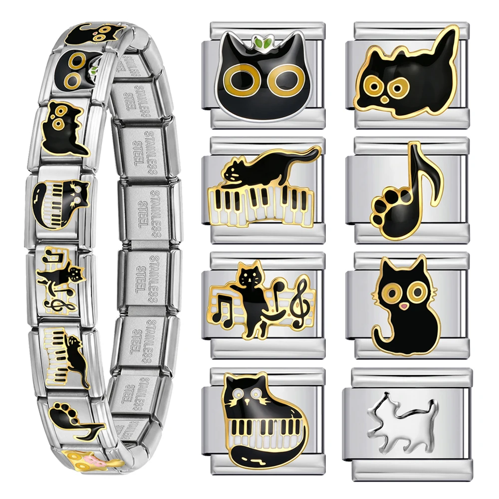 Hochwertiges Armband mit Klaviermuster, Musik- und Katzenmotiven für Damen und Herren, zum Selbermachen, passend für 9-mm-Edelstahl-Perlen und -Charms, italienischer Schmuck – Detail 1