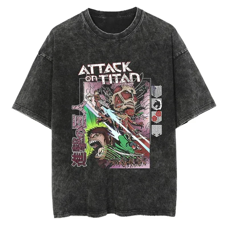 

Attack on Titan Men's Women's Washed T-Shirt Eren Yeager Colossus Titan Summer Spring Anime Tee Retro Distressed Short Sleeve