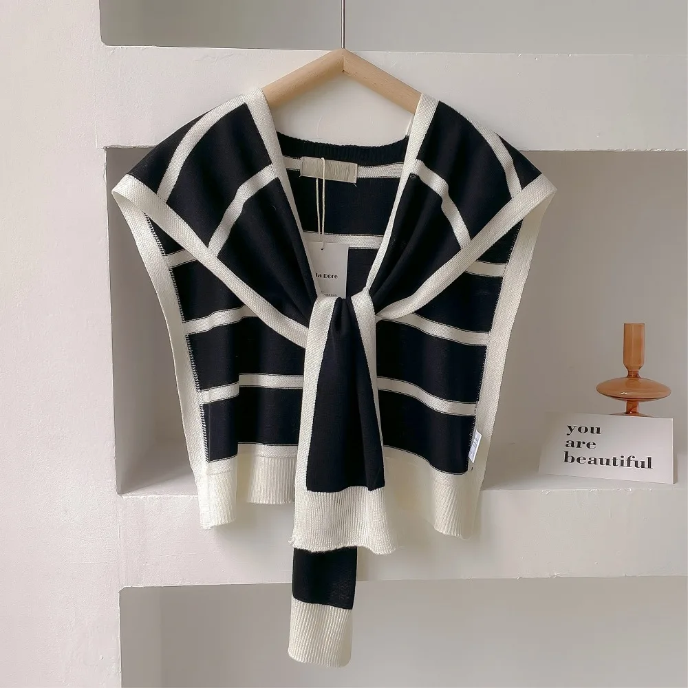 Versatile Warp Knitting Stripe Knitted Shawl Korean Style Candy Color Shoulder Scarf Youthful Elegant Neck Guard Blouse Girls