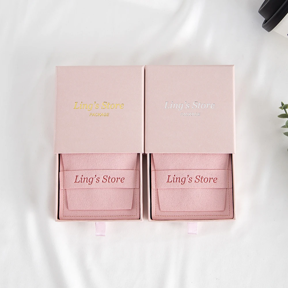 24Set Scatola di carta per gioielli personalizzata di lusso 9x9x2,5 cm e 8x8 cm Busta in microfibra con striscia di scamosciata Borsa per orecchini ad anello