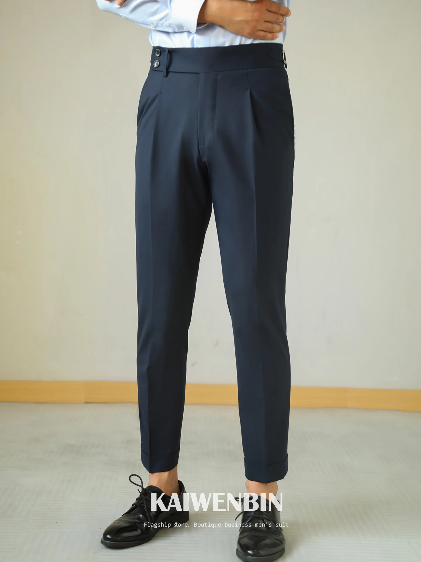 Men's Naples Style Wool Blend Stretch Dress Pants Italian Business Casual Trousers High End Cuffed Hem Long Pants With Good Drap