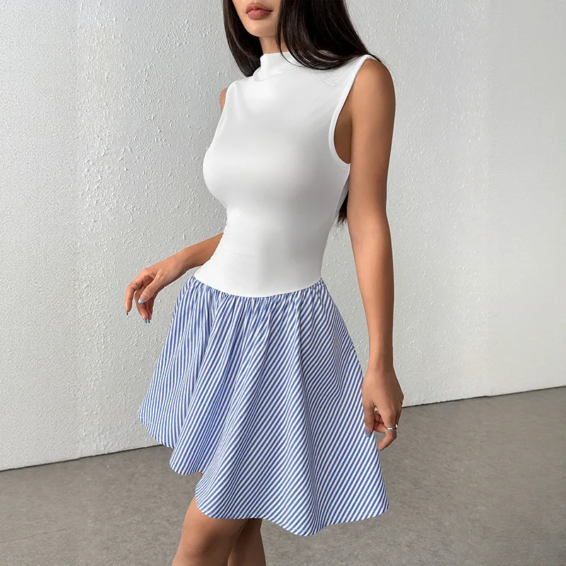 

Spliced Plaid Skirt 2025 Summer Y2K Sleeveless Semi-high Neck Dress