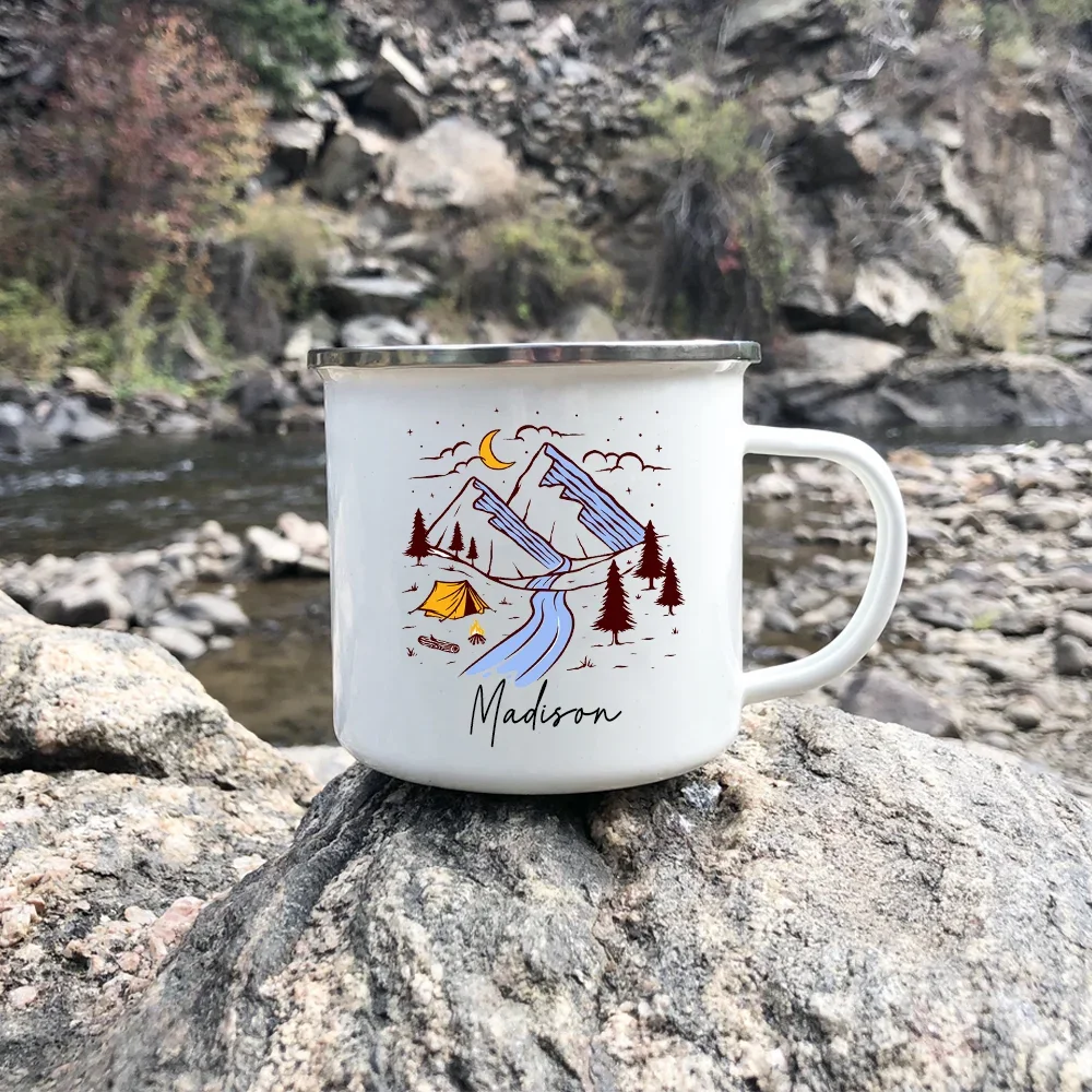 Personalized Custom Name Camping & Adventures Enamel Mugs Hand Drawn Logo Outdoor Campervan Coffee Handle Mug Camper Best Gift