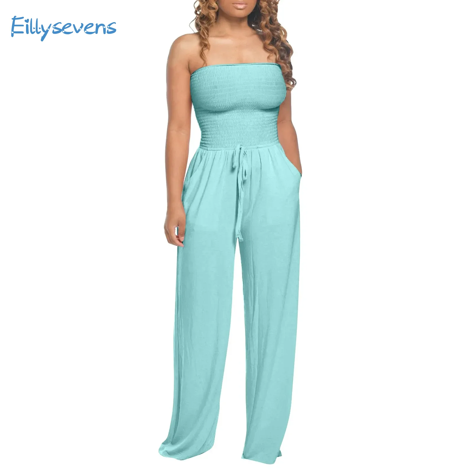 Flat Shoulder Wrap Chest Jumpsuit Fashion Casual  Loose Wide Leg Jumpsuit Summer Daily Commute Solid Elegant Elasticity Rompers