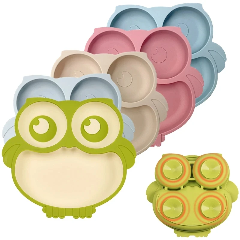 Children Dishe Suction Plates for Toddler Baby Silicone Dining Plate Cute Owl  Baby Training Feeding Sucker Bowl BPA Free