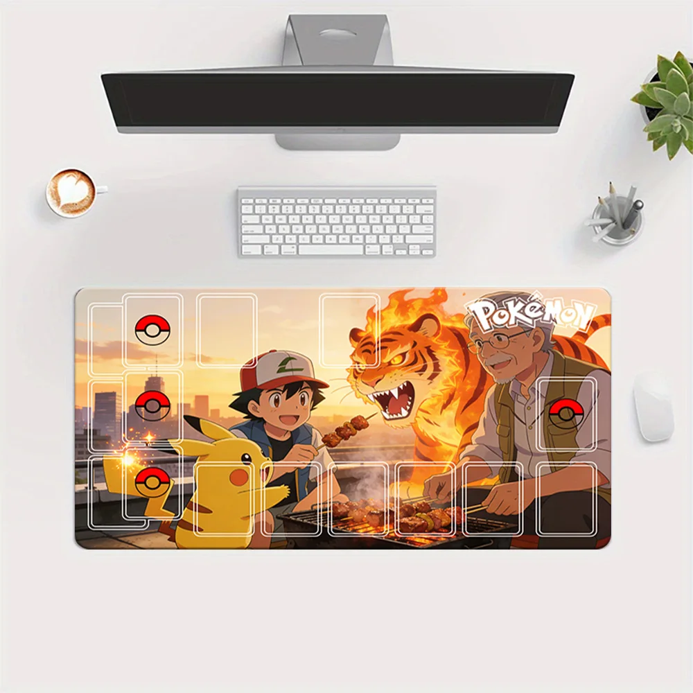 

Игровой коврик для карточных игр Pokemon Ash & Pikachu BBQ with Fire Tiger TCG с зонами для карт, коврик для мыши, настольный коврик