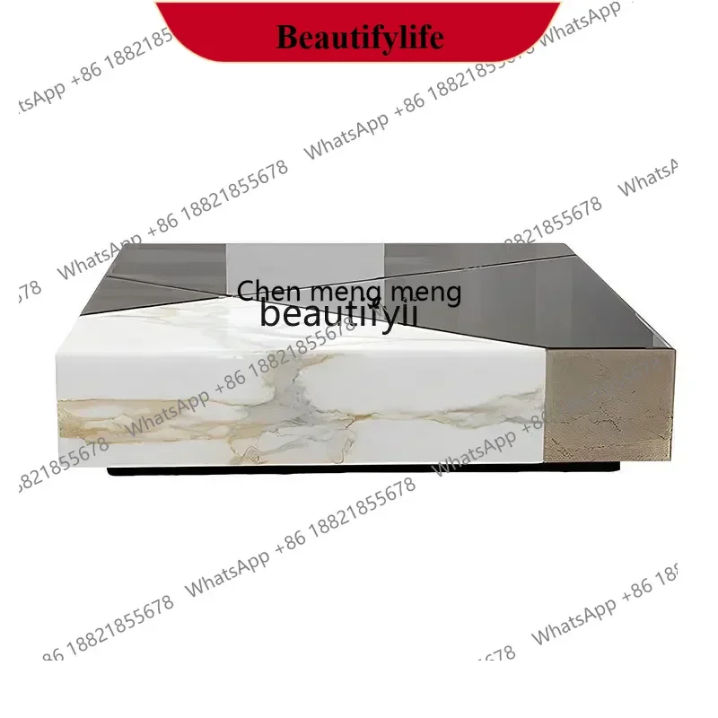 

D178 Square coffee table minimalist modern design marble coffee table silver mirror edge glass tea table