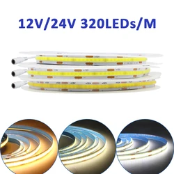 COB LED Strip Light DC Plug 12V 24V 320LEDs/M High Density Linear Light Flexible LED Tape for Room Decoration Warm White 5m 10m