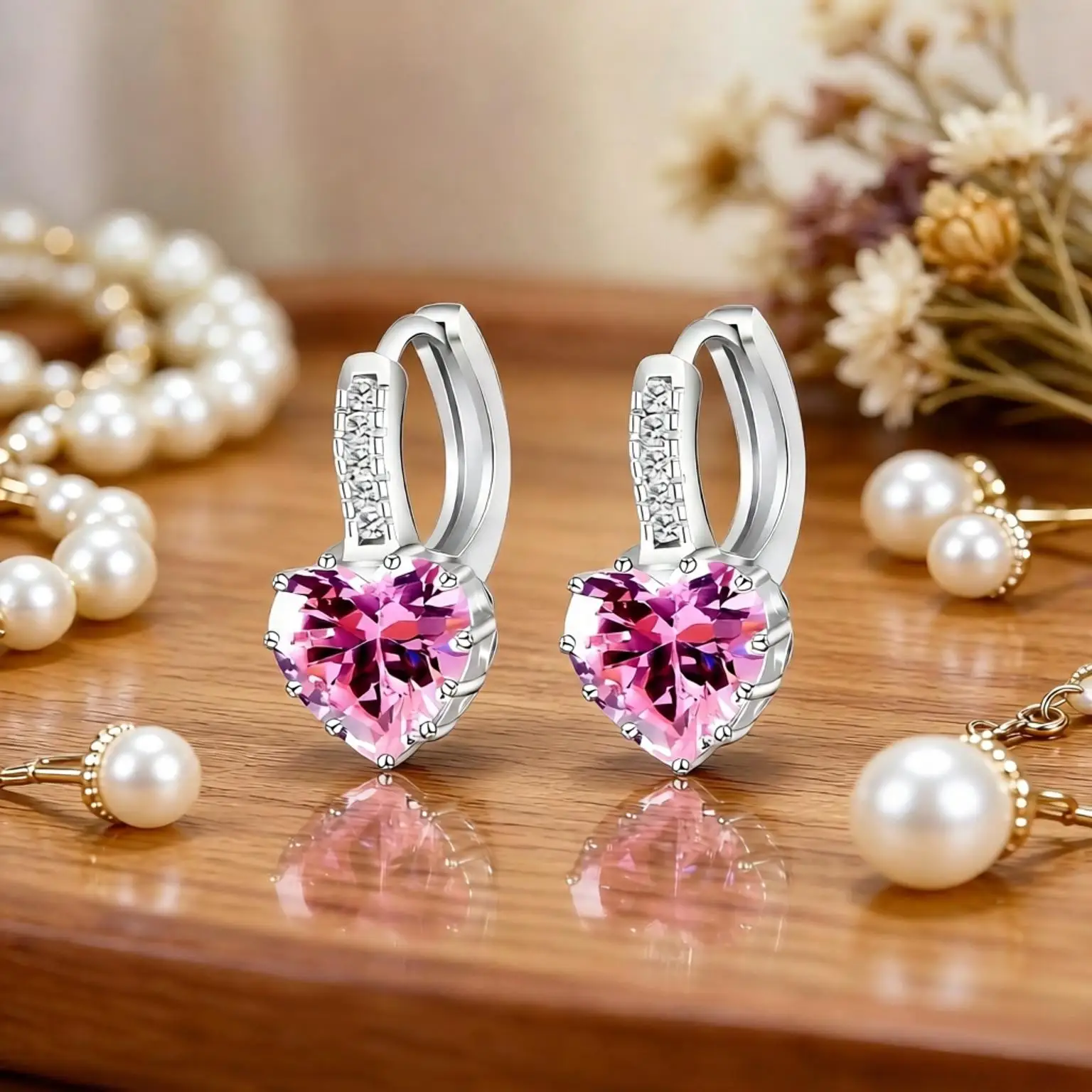 Romantic 925 Sterling Silver Lover Heart Crystal Zircon Lever Back Hoop Earrings for Women Girls Wedding Party Nice Jewelry Gift