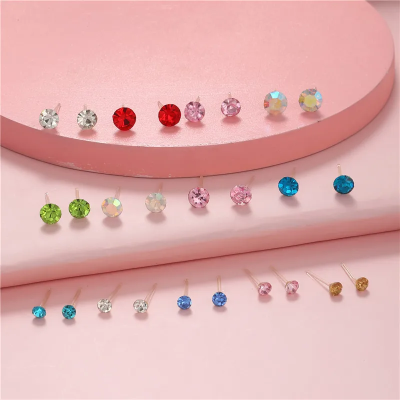 100 Pairs/Lot Different Size Colorful Rhinestone Small Stud Earring For Women Round Piercing Plastic Ear Gifts New Jewelry