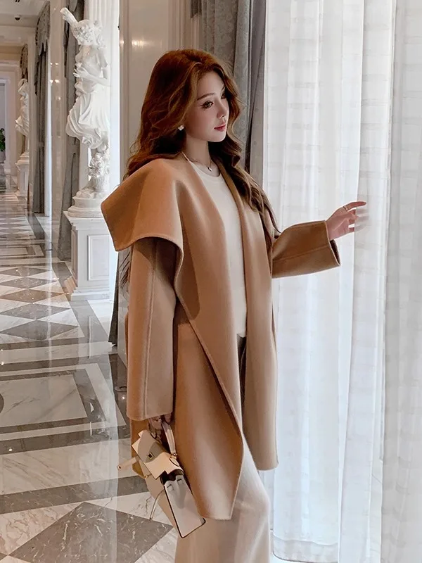 

Khaki Navy Collar Double-Faced Camere Woolen Coat Women's ort Sle Korean Winter Faion Small Size Woolen Coat